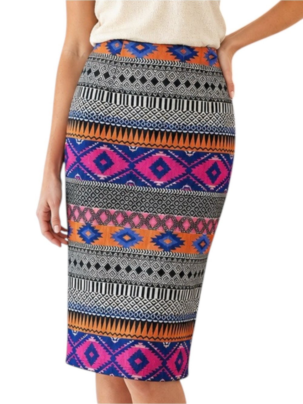Sassafras Vibrant Multicolour Jacquard Aztec High Waisted Pencil Skirt Large
